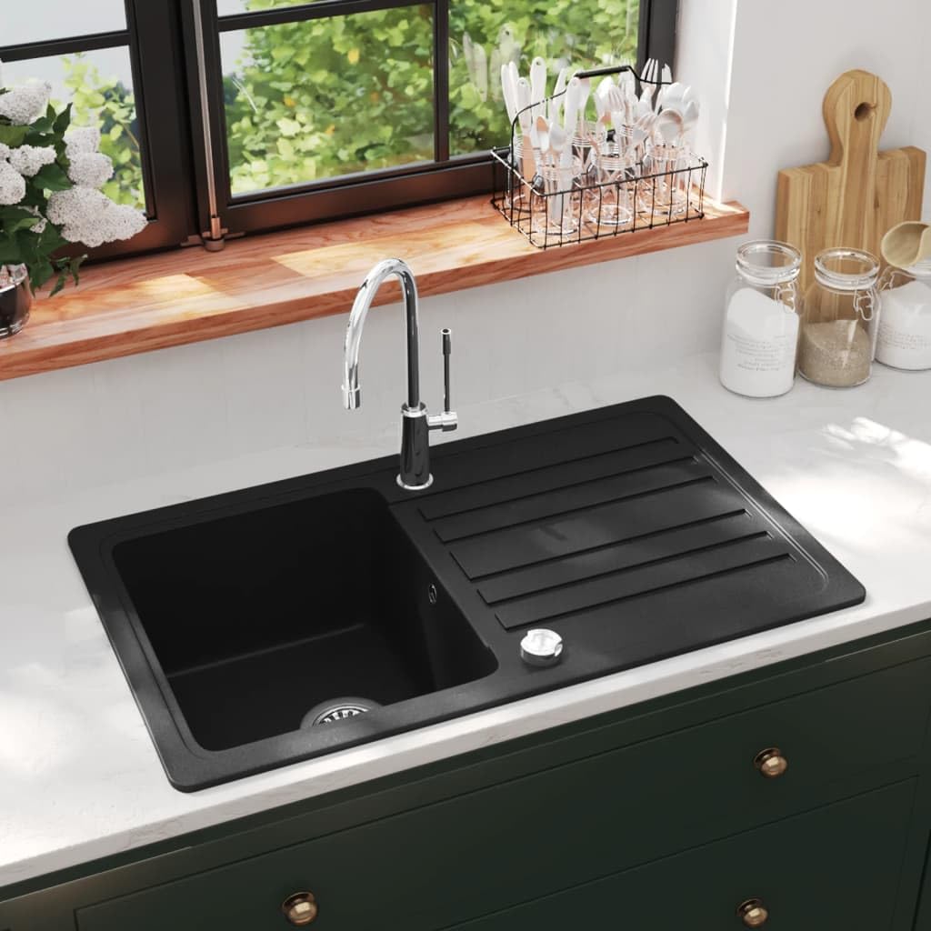 Fregadero De Cocina De Granito con Escurridor, 80% Cuarzo y 20% Resina, Diseño Reversible y Resistente, kitchen sink, Fregadero Bajo Encimera, Apto Para Cocinas y Lavaderos, Negro, 765x460 mm