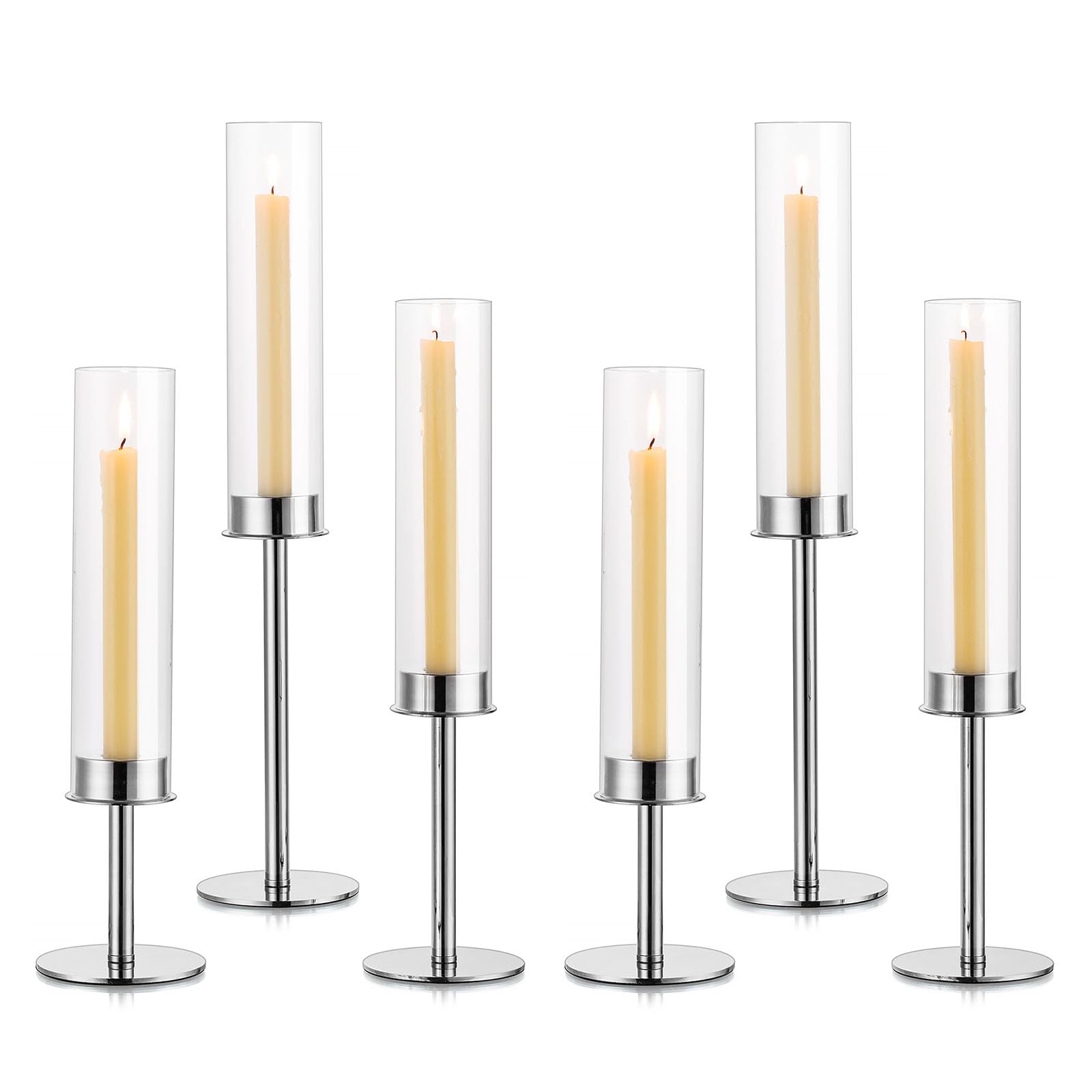 Sziqiqi Kerzenhalter Kerzenständer Silber Metall für Hochzeitstisch Mittelstücke - 48cm Hoch Kerzenständer 6er Set Windlicht Kerzenhalter Stabkerze mit Glas für Esszimmer Kaffee Tischdekoration