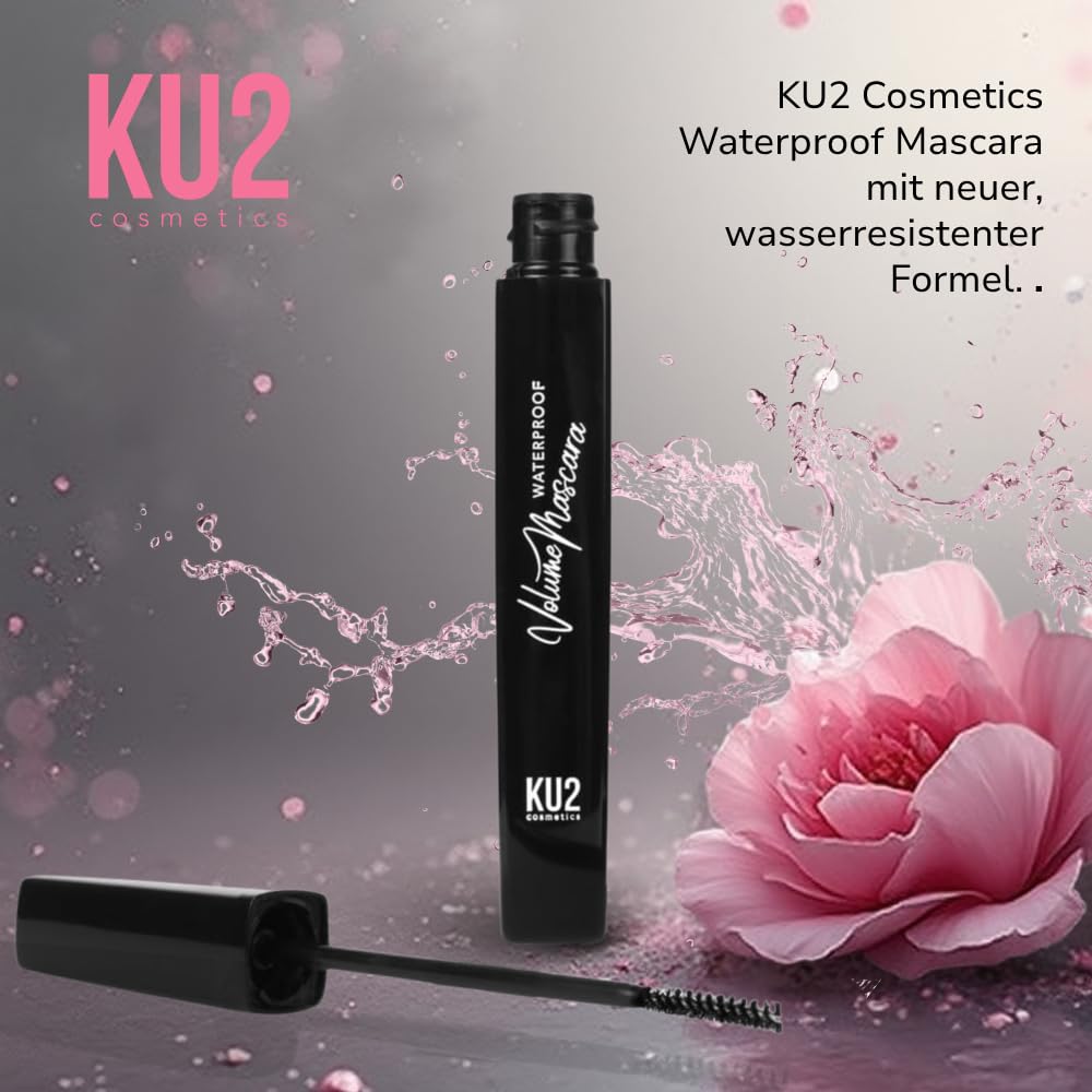 KU2 Cosmetics Mascara impermeable negra – Mascara de volumen para pestañas largas y densas, larga duración y nutritiva, 8 ml (negro resistente al agua)