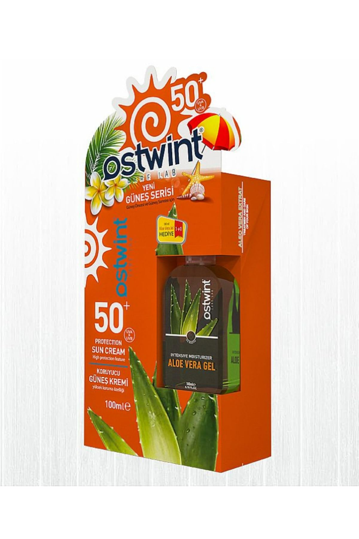 Ostwint SPF 50+ Güneş Kremi 100 ml E Vitaminli + Aloe Vera Jel 100 ml Set