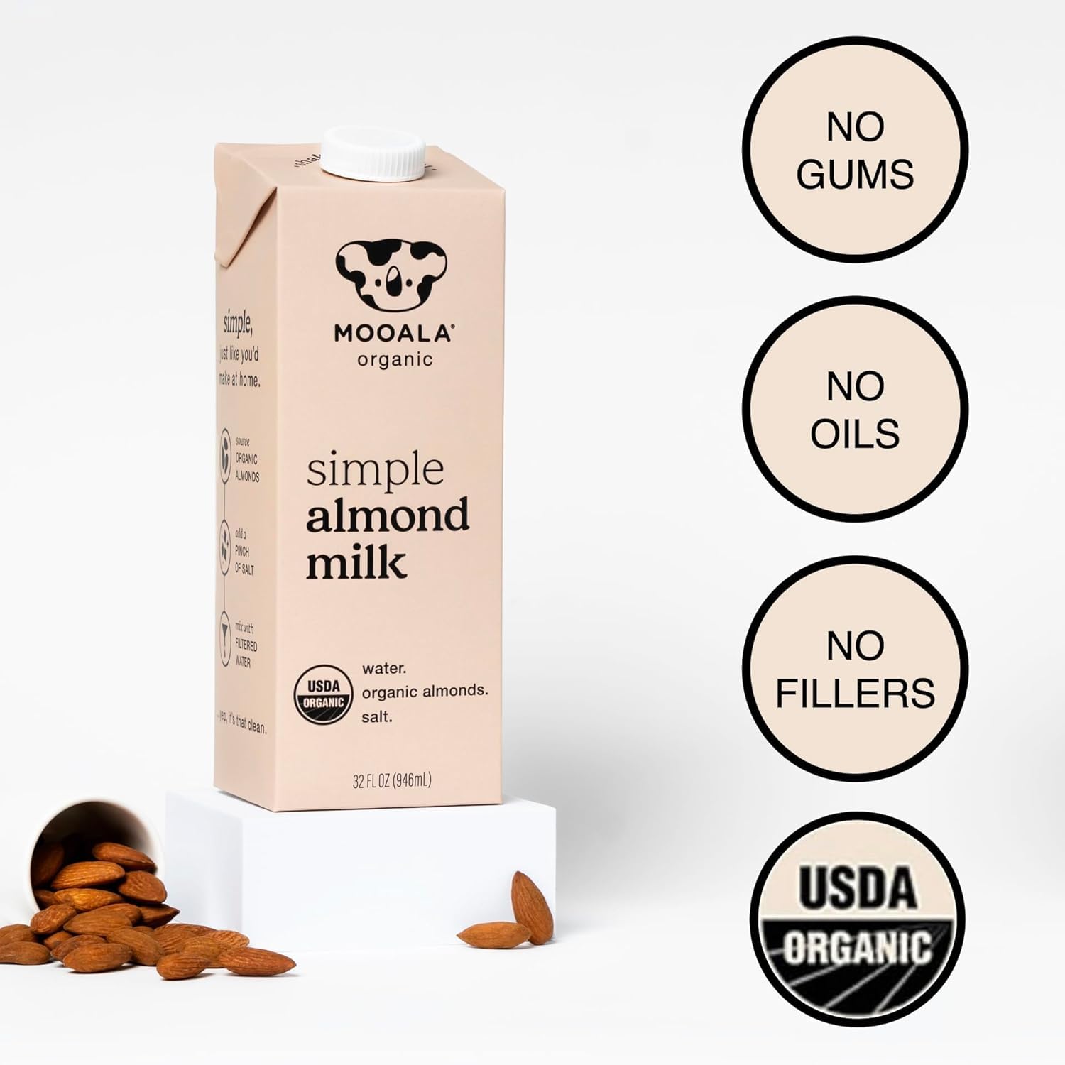 Mooala Organic Simple Almond Milk, 32oz - 3 Ingredient, Shelf Stable, No Gums, No Oils, No Fillers, Unsweetened, Non-GMO, No Additives, Dairy Free Plant Based Milk
