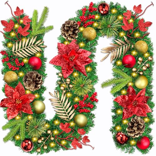 JEDWKFA 270 cm Guirnalda Navidad, Guirnalda Puerta Navidad, Adornos de Navidad Guirnalda, Guirnalda Navidad con Luces, Guirnalda Navidad Escalera, para Escaleras, Puerta, Arco, Ventanas