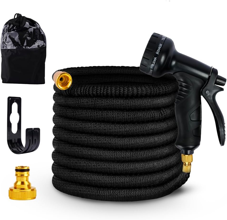 GREEN DYNASTY Expandable Garden Hose, Lightweight Gardening Flexible Leak Proof Hose Pipe, Solid Brass Fittings | 3X Expanding Flexible Latex Water Hose with Spray Nozzle | Black, 100 FT