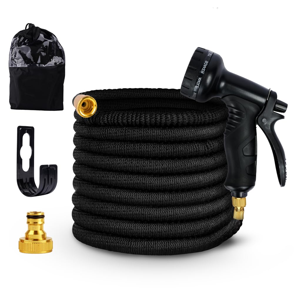 GREEN DYNASTY Expandable Garden Hose, Lightweight Gardening Flexible Leak Proof Hose Pipe, Solid Brass Fittings | 3X Expanding Flexible Latex Water Hose with Spray Nozzle | Black, 50 FT