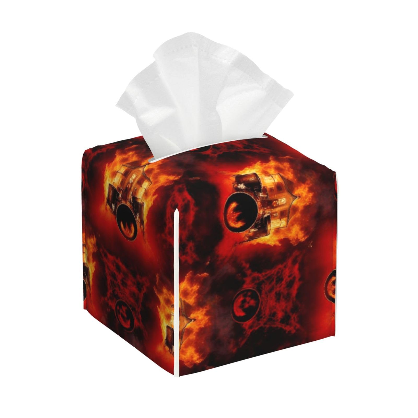 Rock Drum Fire Flame Skull Skeleton Leather Tissue Box Cover Holder Square Facial Paper Organizer 5.2" X 5.2" X 5.2"