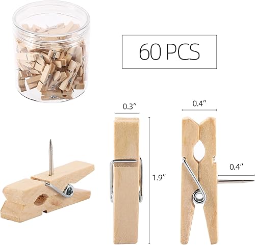 Miniatura 2 de 60 pines de empuje con clips de madera duraderos para tablero de corcho, obras de arte, notas, fotos, proyectos de manualidades, oficinas y hogares