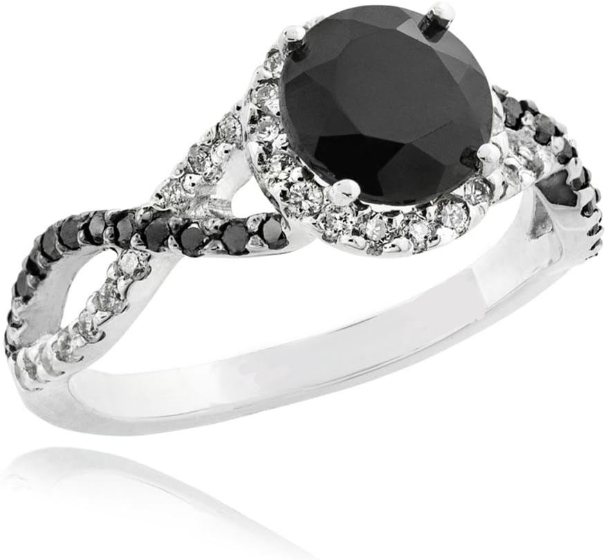 10k White Gold Alternating Stone Halo Band Black Diamond Infinity Engagement Ring