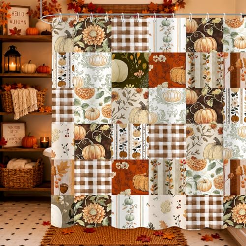FAMTUDE Fall Shower Curtain Autumn Checker Floral Pumpkins Shower Curtain Set Waterproof Retro Farmhouse Patchwork Floral Shower Curtains for Fall Home Decor with 12 Hooks72 x 72