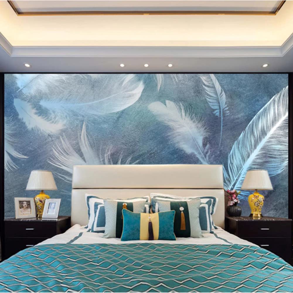 Carta Da Parati 3D,Motivo Piumaggio Azzurro Retrò Moda Grande Carta Da Parati Autoadesiva Buccia E Bastone Carta Di Contatto Staccabile Vinile Murale Adatto Per Soggiorno Camera Da Letto Decorativo,