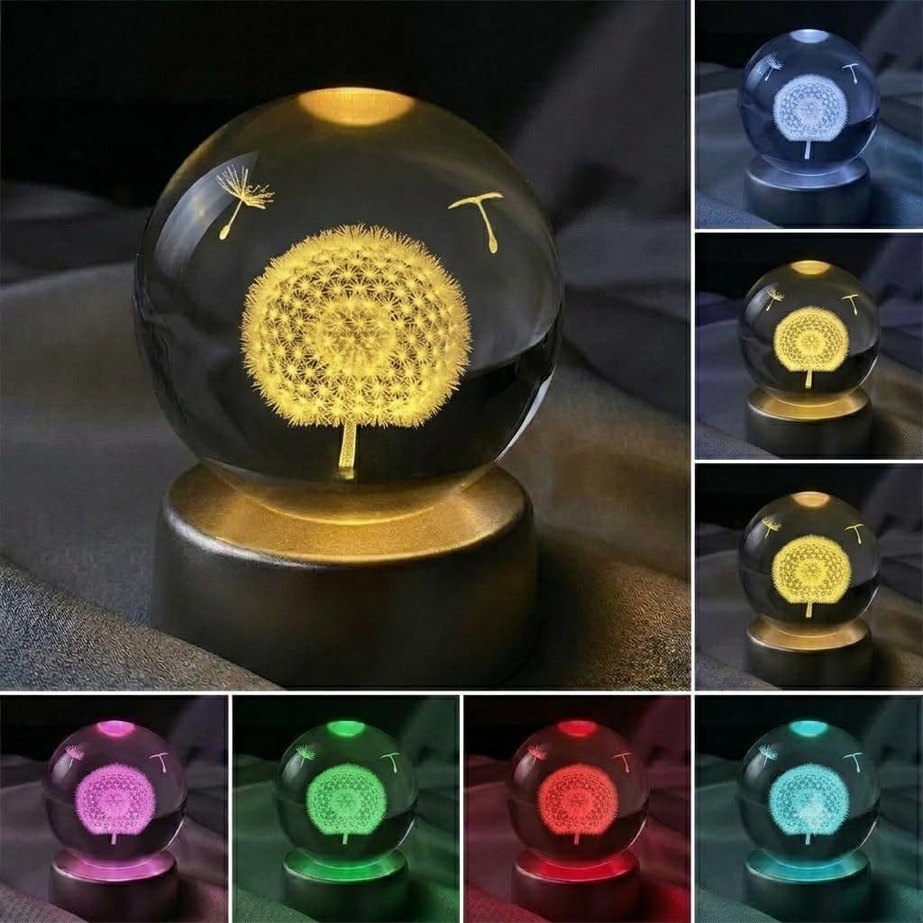 Senon Kristal Cam Küre Renk Değiştiren LED Işıklı Gece Lambası Dekoratif Hediyelik Gezegenler (Karahindiba)