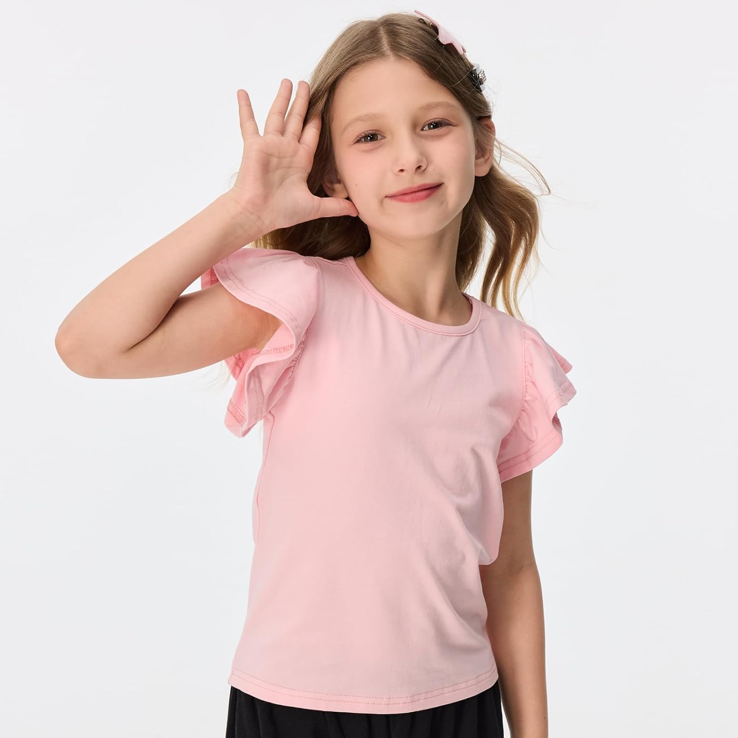 Girls Summer Shirts Kids Striped Ruffle Sleeve T Shirts Crew Neck Casual Tops Cute Short Sleeve Tees 5-14 Years - Image 2