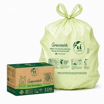 UNNI 3 Gallon Compostable Trash Bags with Tie Handles, 200 Count Small Food Scrap Kitchen Compost Bags for Countertop Bin, Certified by BPI, CMA & OK compost HOME, Meets ASTM D6400
