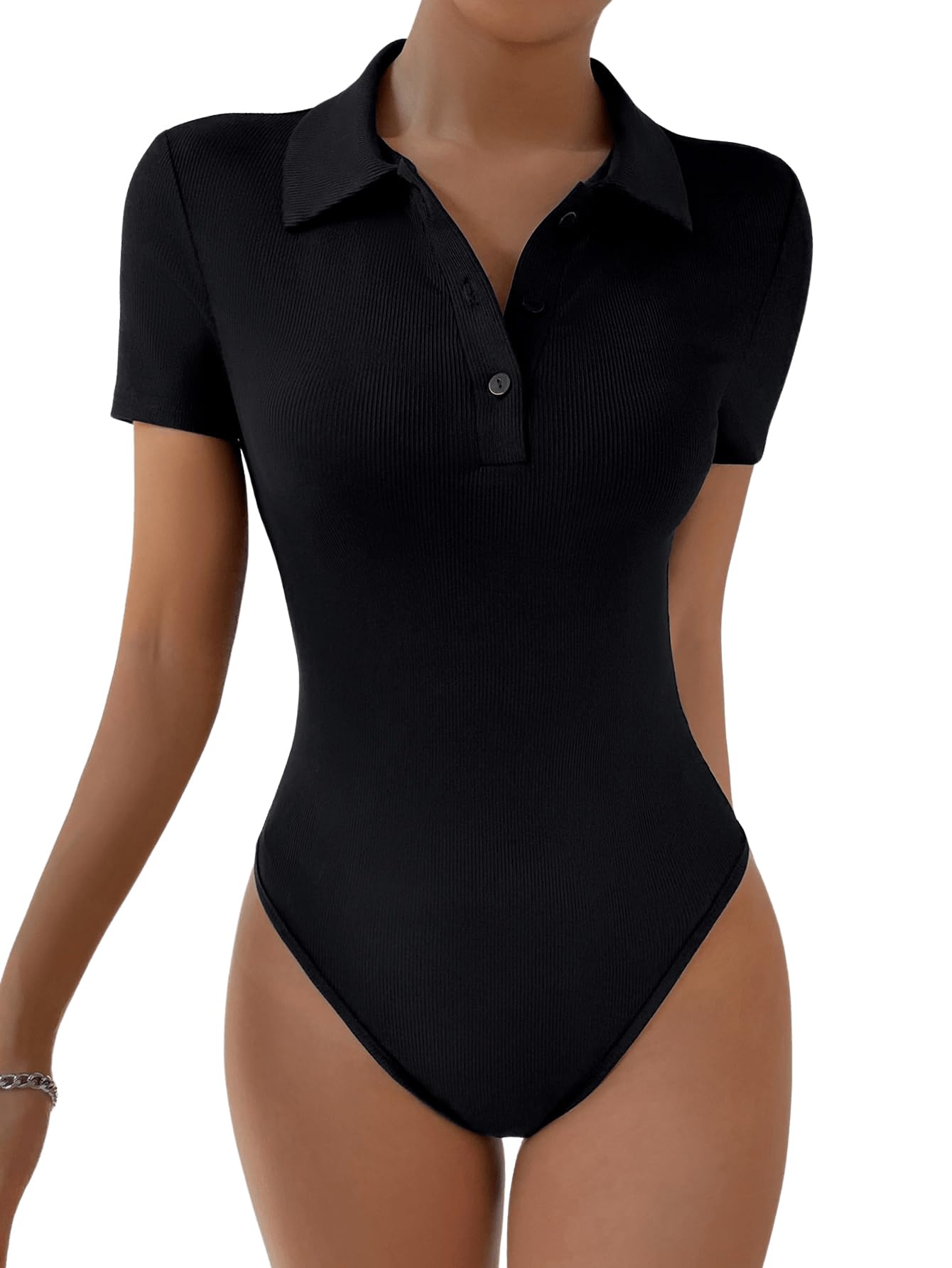 SweatyRocks Women's Short Sleeve Shirt Bodysuit Ribbed Half Button Collared Leotards
