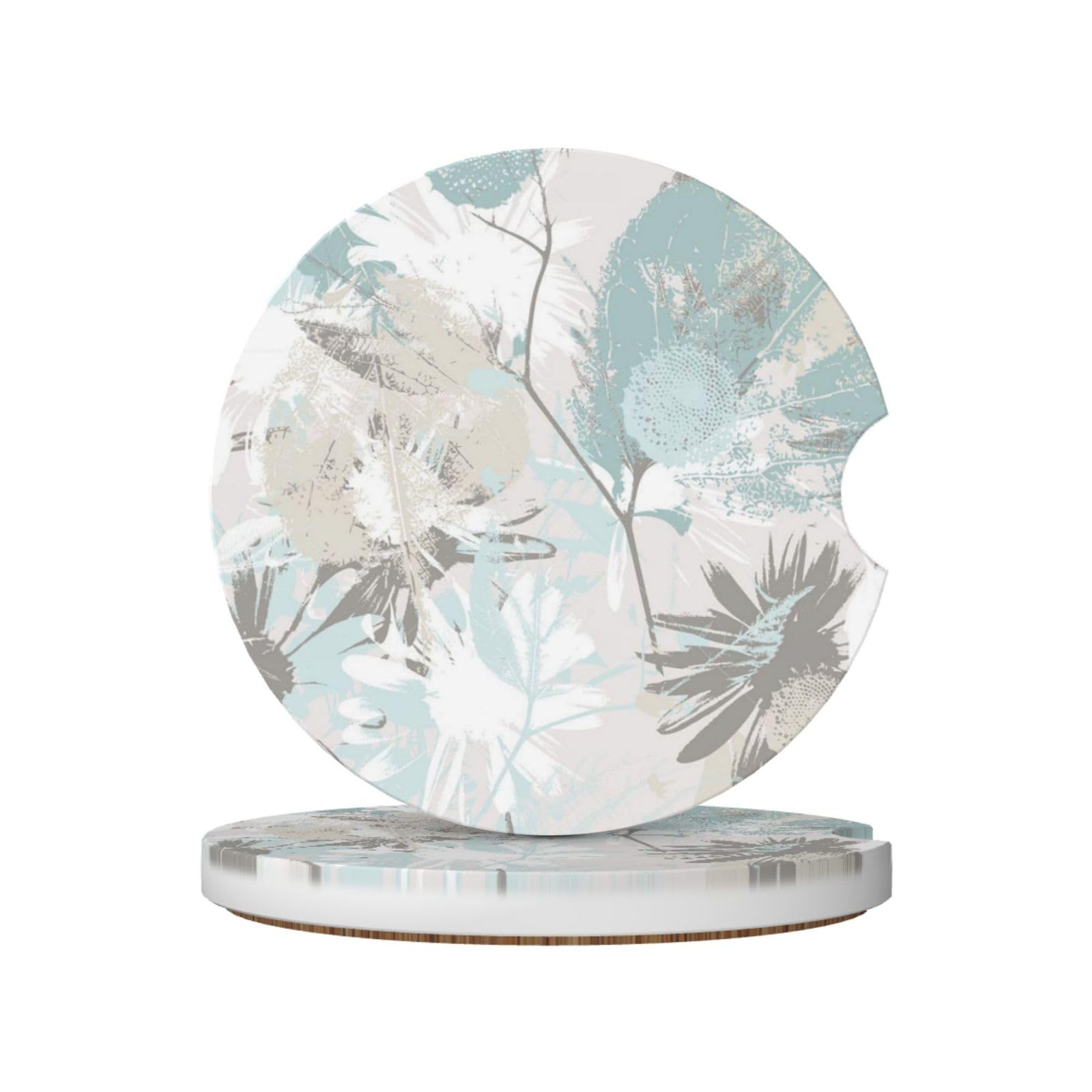 Mint Gray Leaves, Car Cup Holder Coasters 2 Pack, Absorbent Ceramic Car Coasters with Non Slip Cork Base