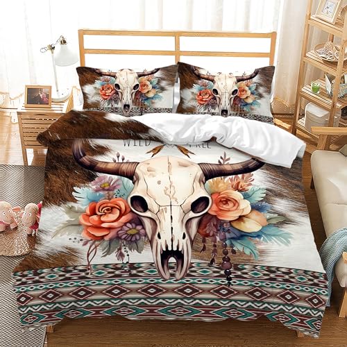 AILONEN Bull Skull Duvet Cover Set Queen Size, Ethnic Cow Fur Print Western Bedding Set,Hunting Comforter Cover Set 3 Pieces,Cow Skull Quilt Cover with 2 Pillowcases