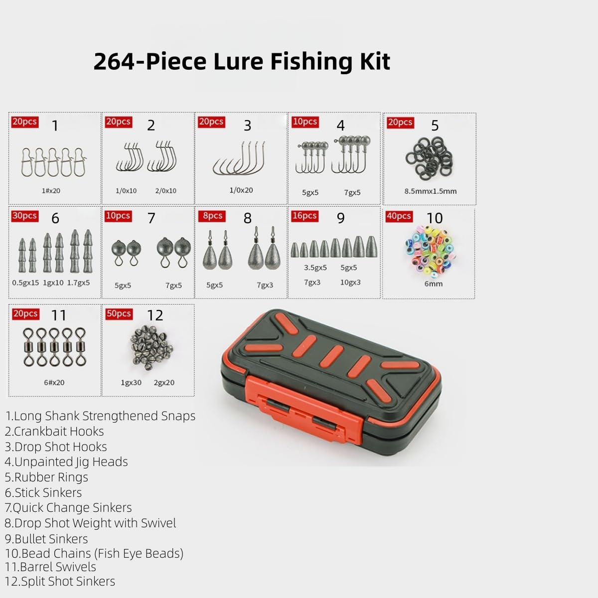Professionelles Europäisches Angelzubehör Köderfischen Set - 264-teilig/397-teilig wasserdichte, stoßfeste Box mit 37 Arten hochwertiger Teile - Für Forelle, Barbe, ASPE & weitere Raubfische (264)