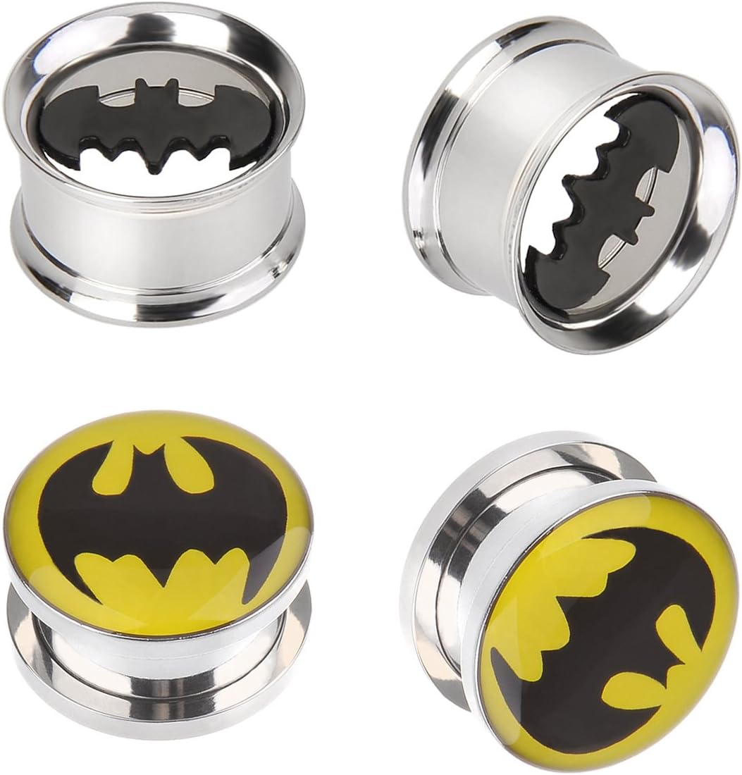 Batman Stainless Steel Screw-On Gauges/Tunnels Double Flare Ear Plugs 2 Pairs