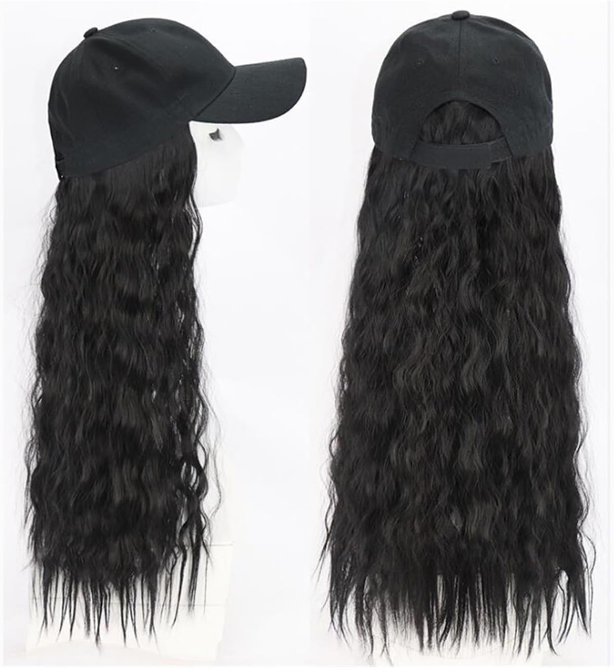 Wig Cap Long Curly Wig with Baseball Cap for Women Synthetic Hair with Cap One Piece Adjustable Hat with Hair Wig Hair Extension Cap(A)
