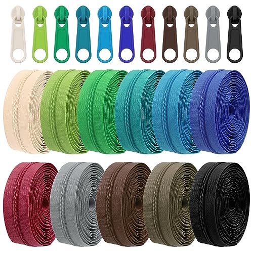 Tanstic 121Pcs(11 Sets) 33 Yards #3 Nylon Coil Zippers with Zipper Sliders Assortment Kit, 11 Colors Sewing Zippers Zipper Tape Nylon Zippers Bulk with Zipper Heads for Tailor Sewing Crafts