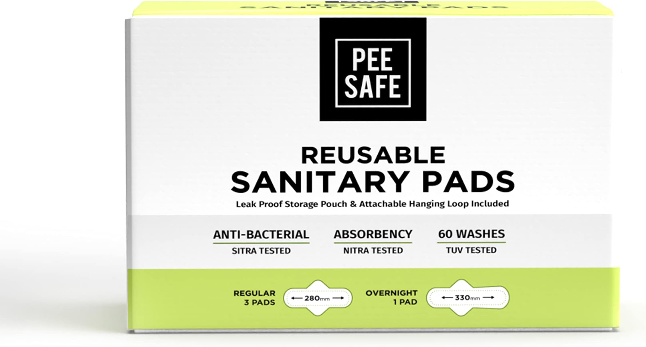 Pee Safe Reusable Sanitary Pads | Anti-Bacterial | Superb Absorbency | Lasts Up to 60 Washes | 3 Regular Pads + 1 Overnight Pad + 1 Leak Proof Pouch | Skin Friendly | Easy to Use | Pack of 4