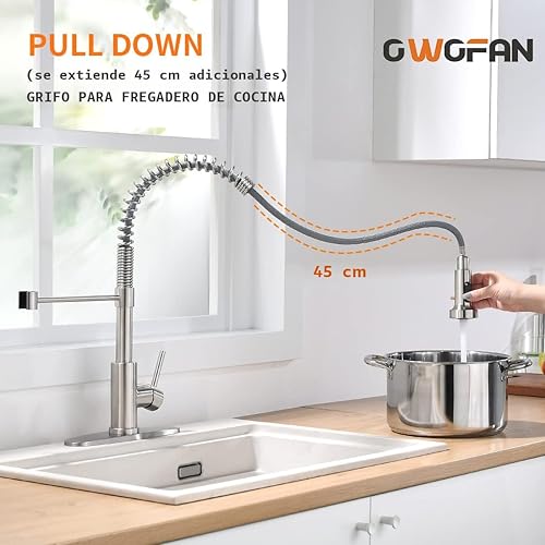 Miniatura 3 de OWOFAN Grifo monomando de cocina con rociador de latón sólido níquel cepillado industrial Grifo para granja cámper lavandería vehículo utilitario