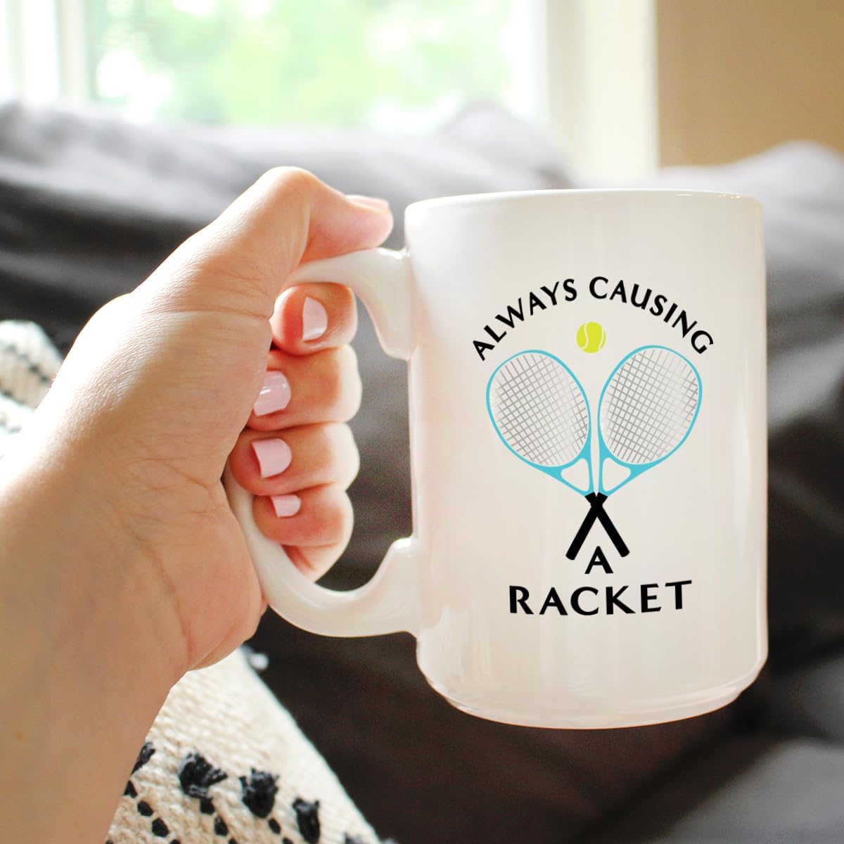 Bevvee Causing A Racket - Coffee Mug - Funny Tennis Themed Decor and Gifts - Large 15oz White Ceramic Mug - Image 3