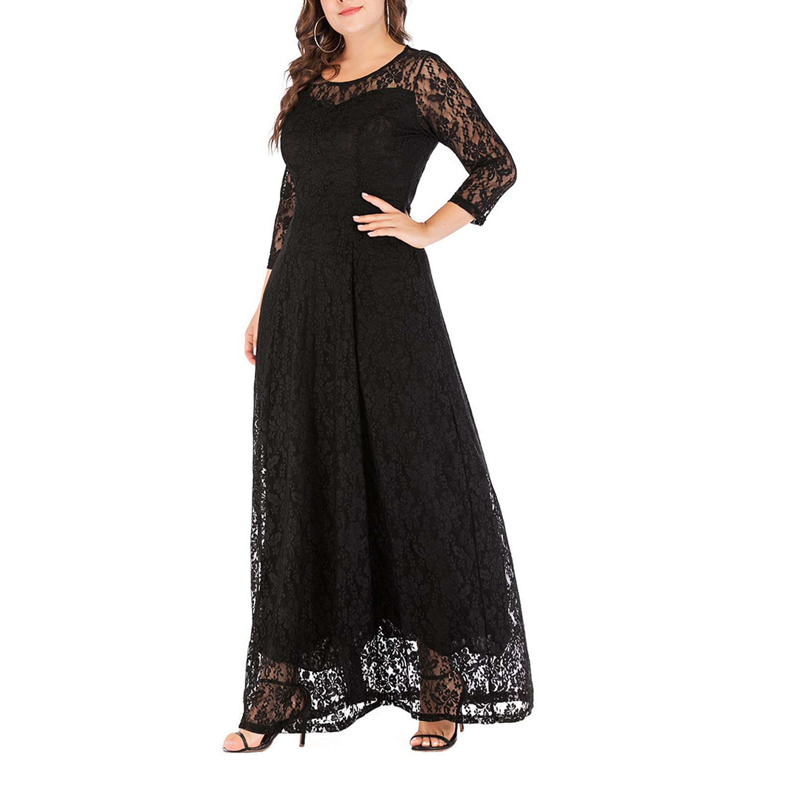 Donne Plus Size Girocollo Chiffon Pizzo Maxi Abiti Da Donna Estate Manica Lunga Backless Sexy Wrap Abito Lungo Beach Party Dress nero-2XL
