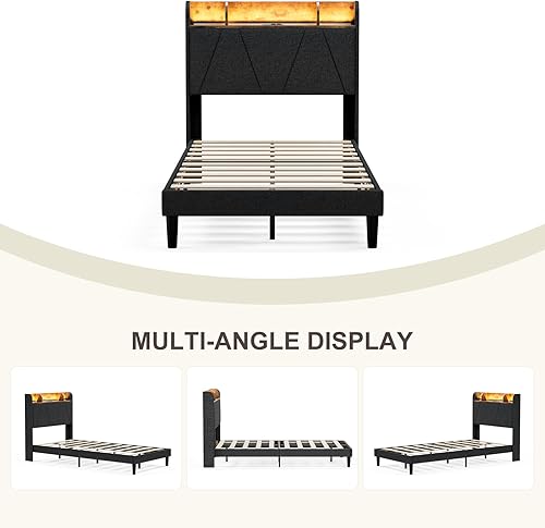 Vista 18 de IKIFLY Base de cama individual XL con cabecera de estante de almacenamiento y estación de carga, cama de plataforma tapizada con luces LED, listones