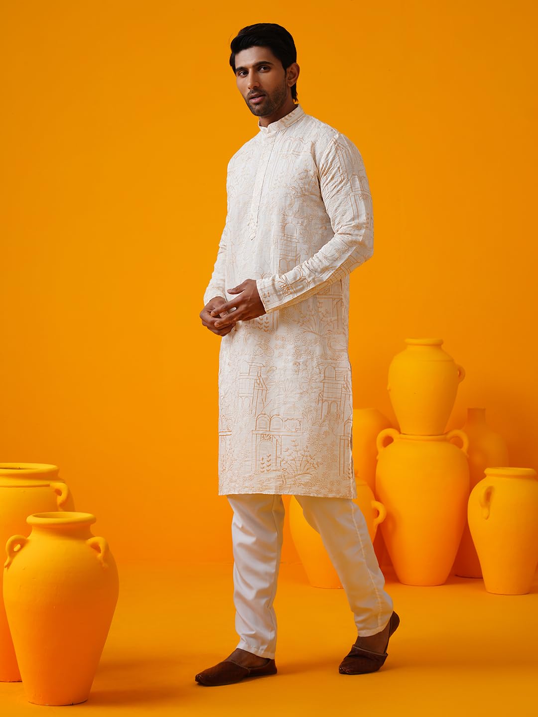 Sojanya (Since 1958 Men's Cotton Silk Kantha Thread Embroidered Cream Kurta With White Pyjama