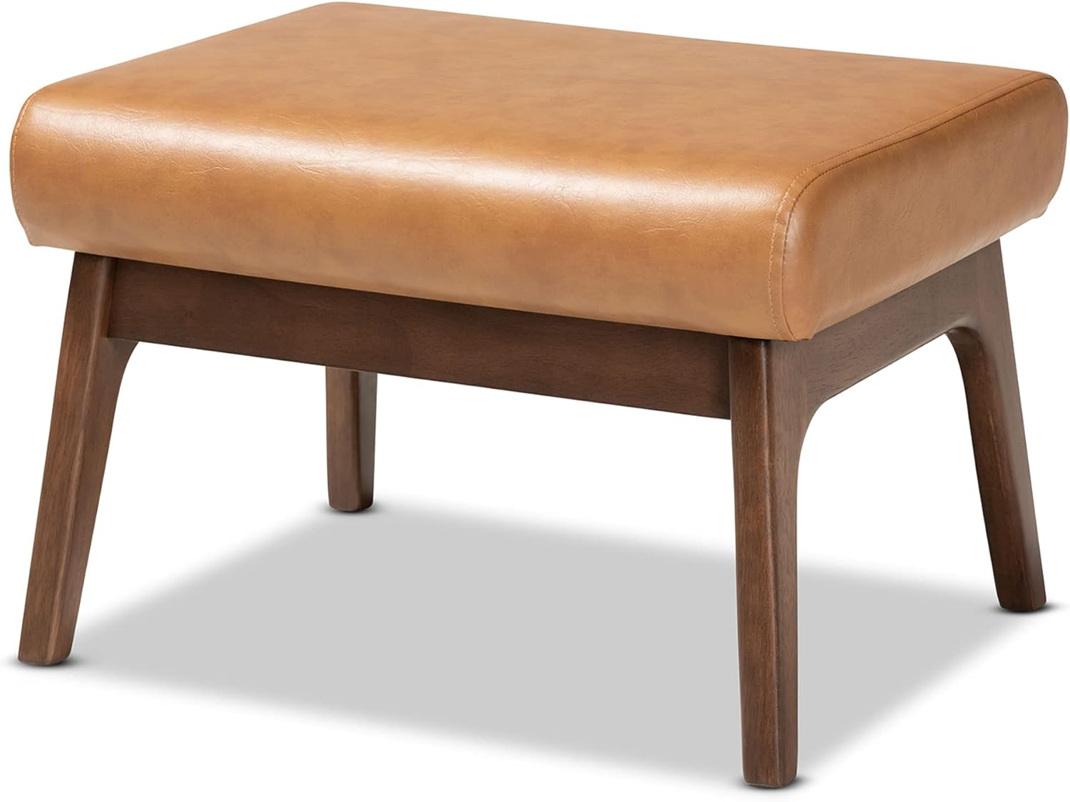 Baxton Studio Bianca Mid-Century Modern Walnut Brown Finished Wood and Tan Faux Leather Effect Ottoman