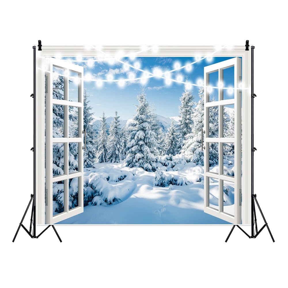 Fotohintergrund für den Winter, Schnee, Wald, Fenster, Bäume, Alpen, 3 x 2,4 m