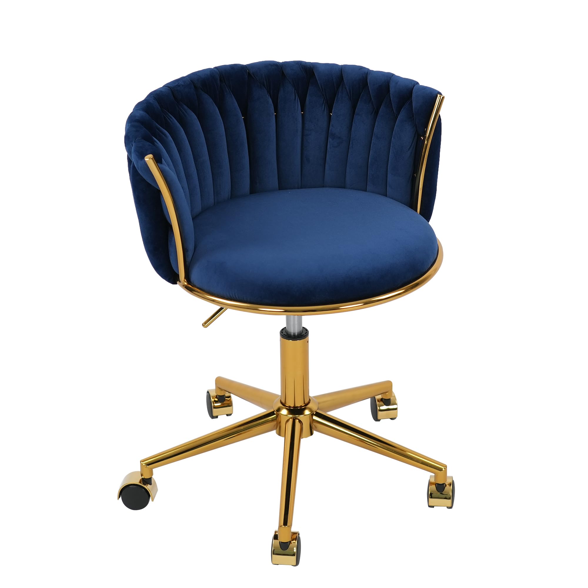 Velvet Woven Home Office Chair, Modern Swivel Desk Chair with Wheels, Height Adjustable Vanity Chair with Gold Metal Base and Hand Weaving Back for Bedroom Study Small Space, Navy Blue