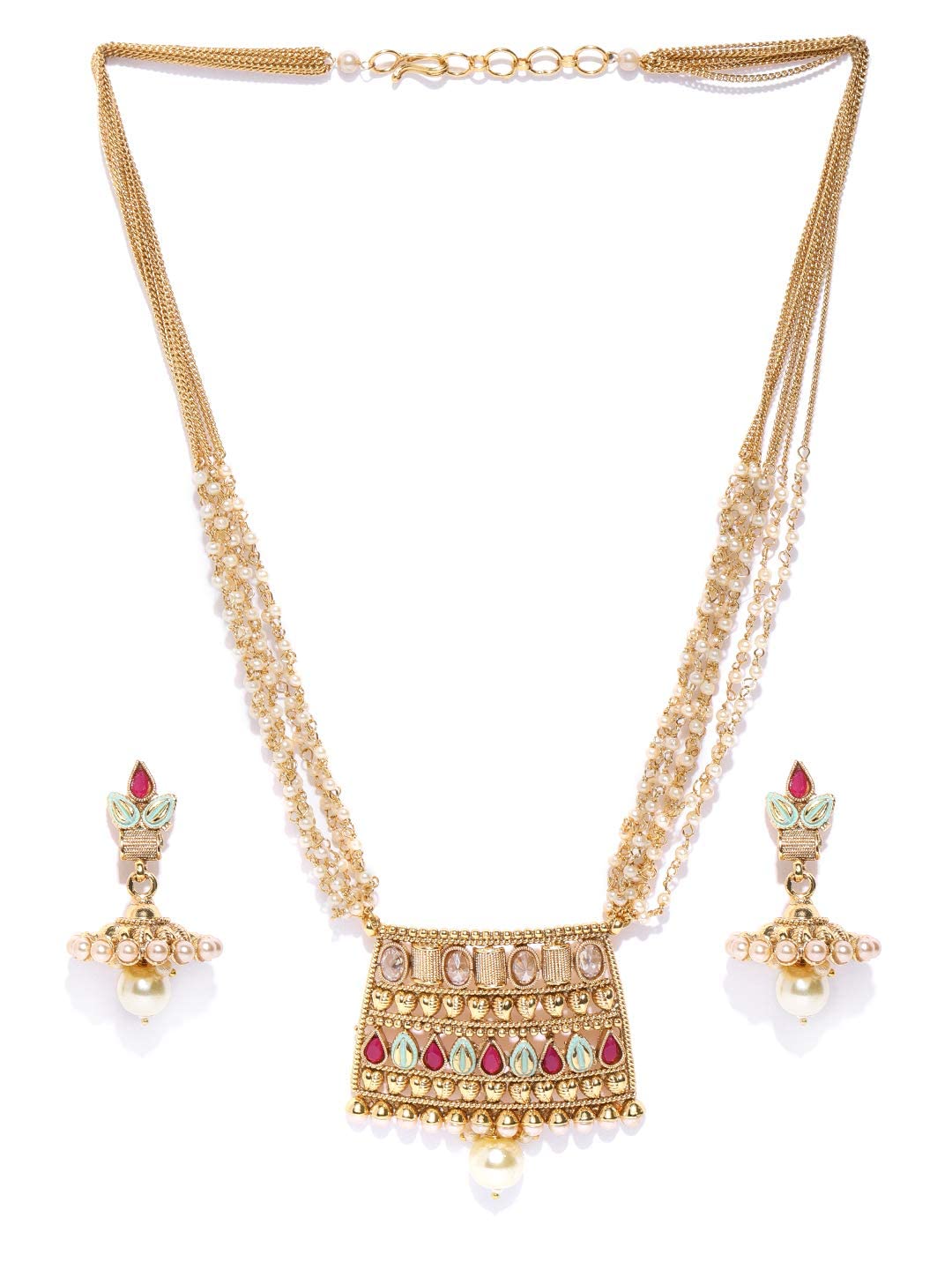 Priyaasi Multicolor Geometric Pattern Traditional Jewellery Set for Women with Jhumka Earrings | Gold-Plated | Layered Chain Pearls Jewellery Set for Women | Wedding, Puja (B081F8Z82W) Amazon Price History, Amazon Price Tracker