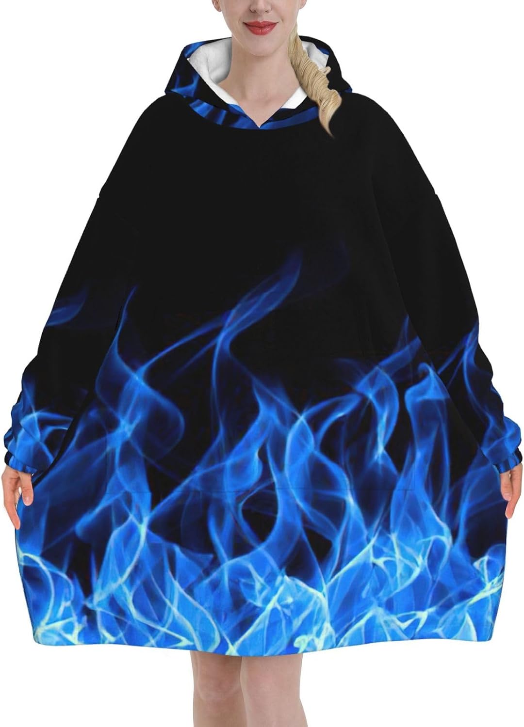 Blue Flameprint Oversized Hoodie Blanket, Super Soft Warm Comfortable Hoodie, Wearable Blanket Adult