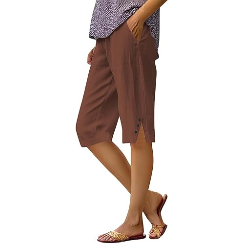 Capris for Women,Womens Capris Linen Pants with Pockets Cotton Trousers for Women Ladies Summer Loose Slacks