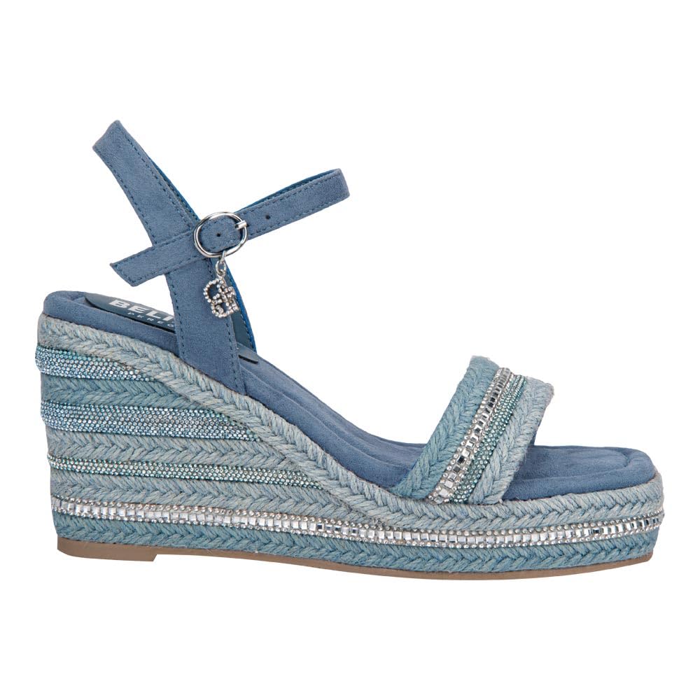BELINDA PEREGRIN | Sandalia con Plataforma de 9 cms de Tejido Para Mujer Hebilla de Punta Cuadrada de Verano | Texturizado de Yute Trenzado Color Azul/Plata 24