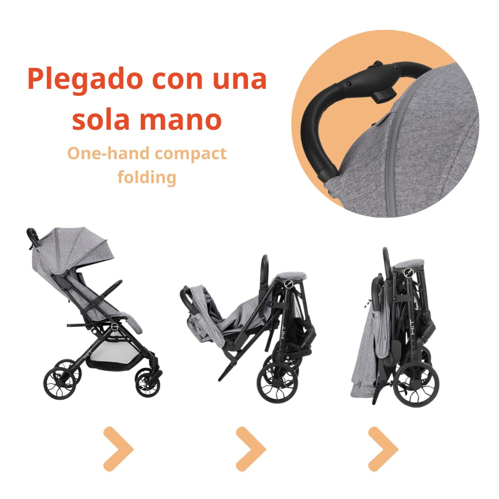 Nurse Hit Silla de Paseo Ligera hasta 22 kg, Plegado Compacto con Una Mano, Asa de Transporte, Respaldo Reclinado, Capota Extensible, Gris