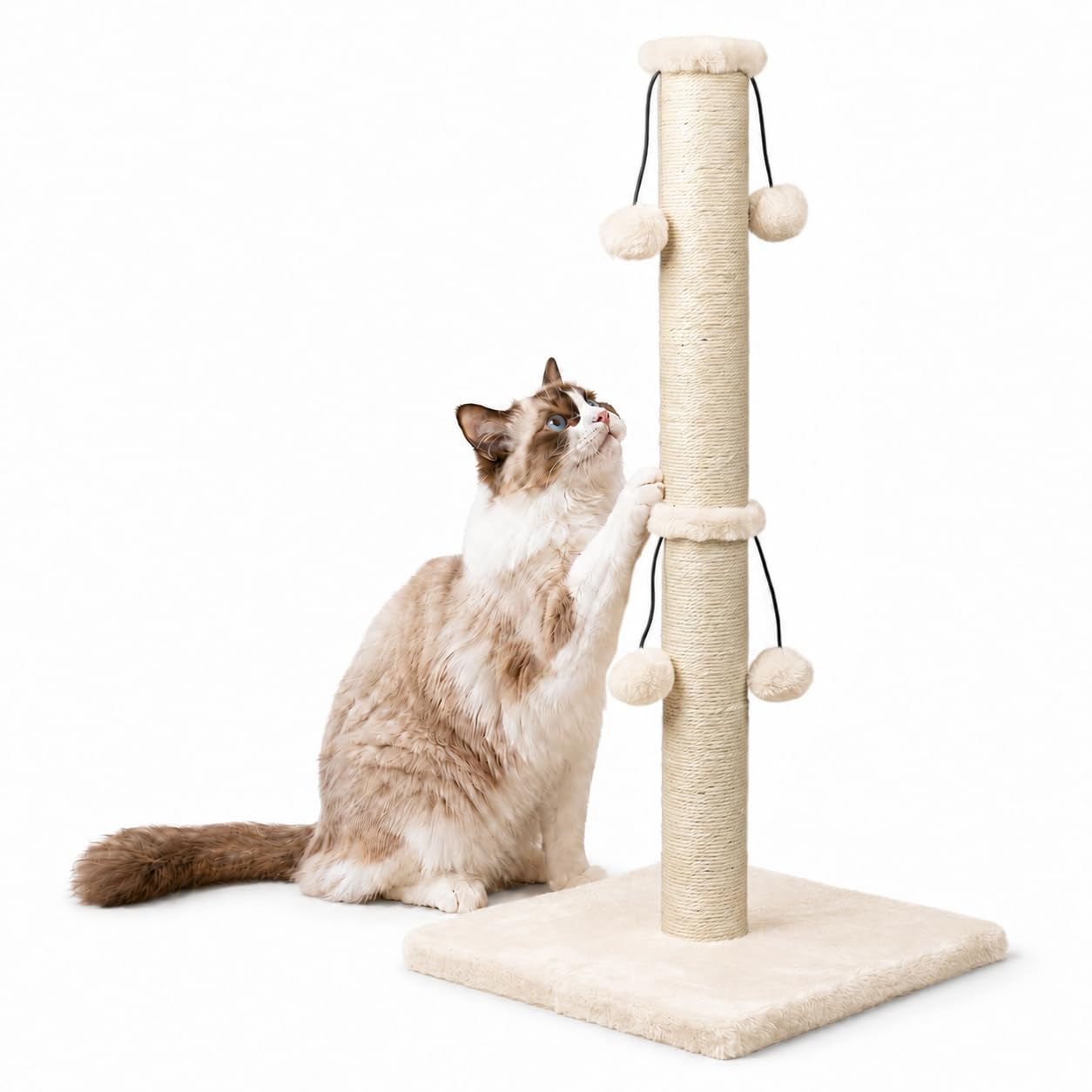 Dimaka Kratzbaum für Katzen, 73 cm, natürliches Sisalseil, Kratzbaum mit 4 Spielbällen für große Katzen, Beige