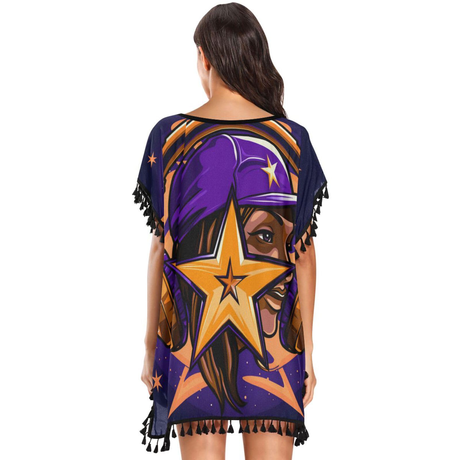 Cool Starfish Dj Art Women's Beach Cover Up Chiffon Tassel Swimwear Swimsuit Coverups for Girl