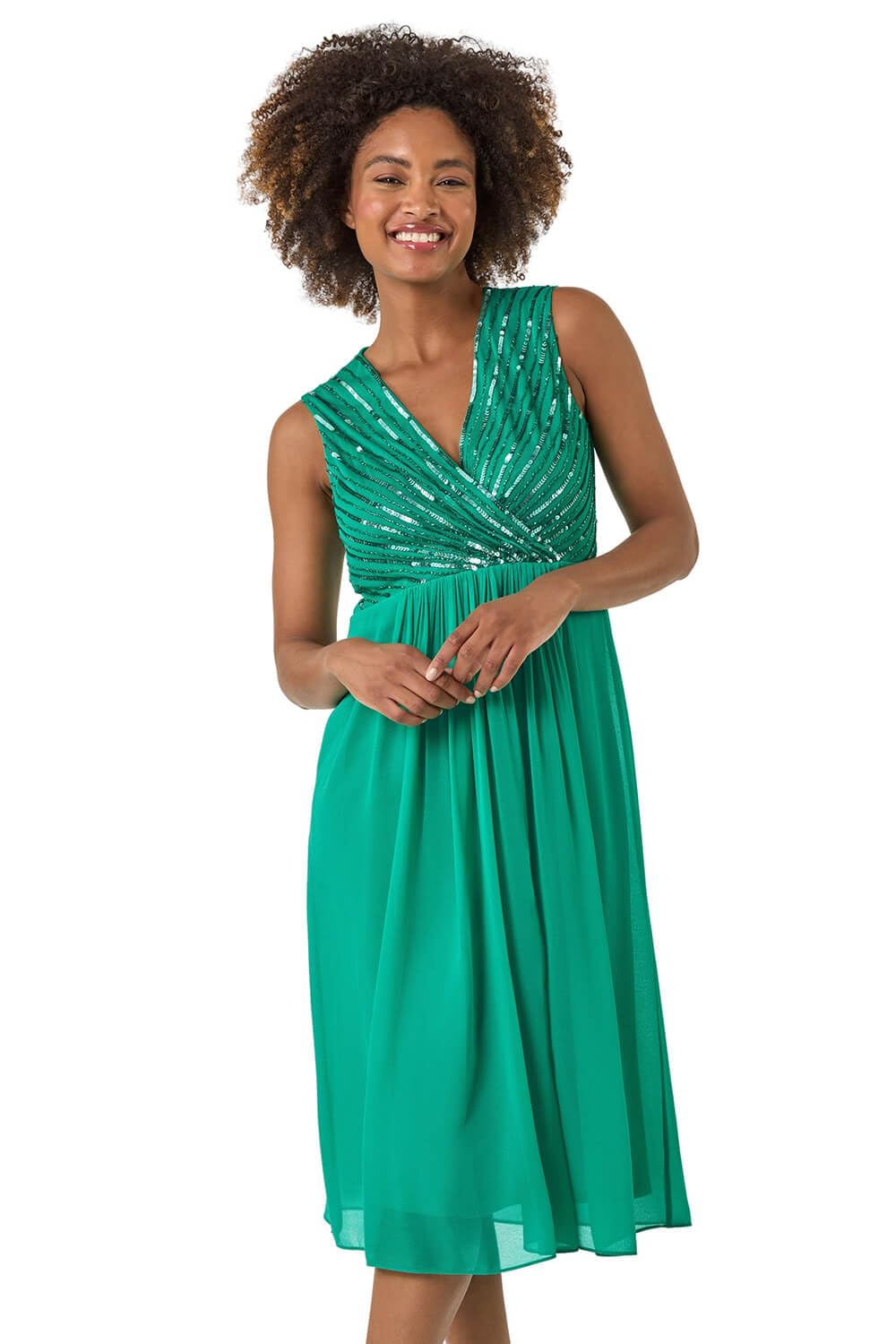 Roman Originals Women's Green Embellished Beaded V-Neck Dress For Uk - Everyday Holiday Spring Summer V-Neckline Comfy Soft Evening Vacation Work Party - Size 12