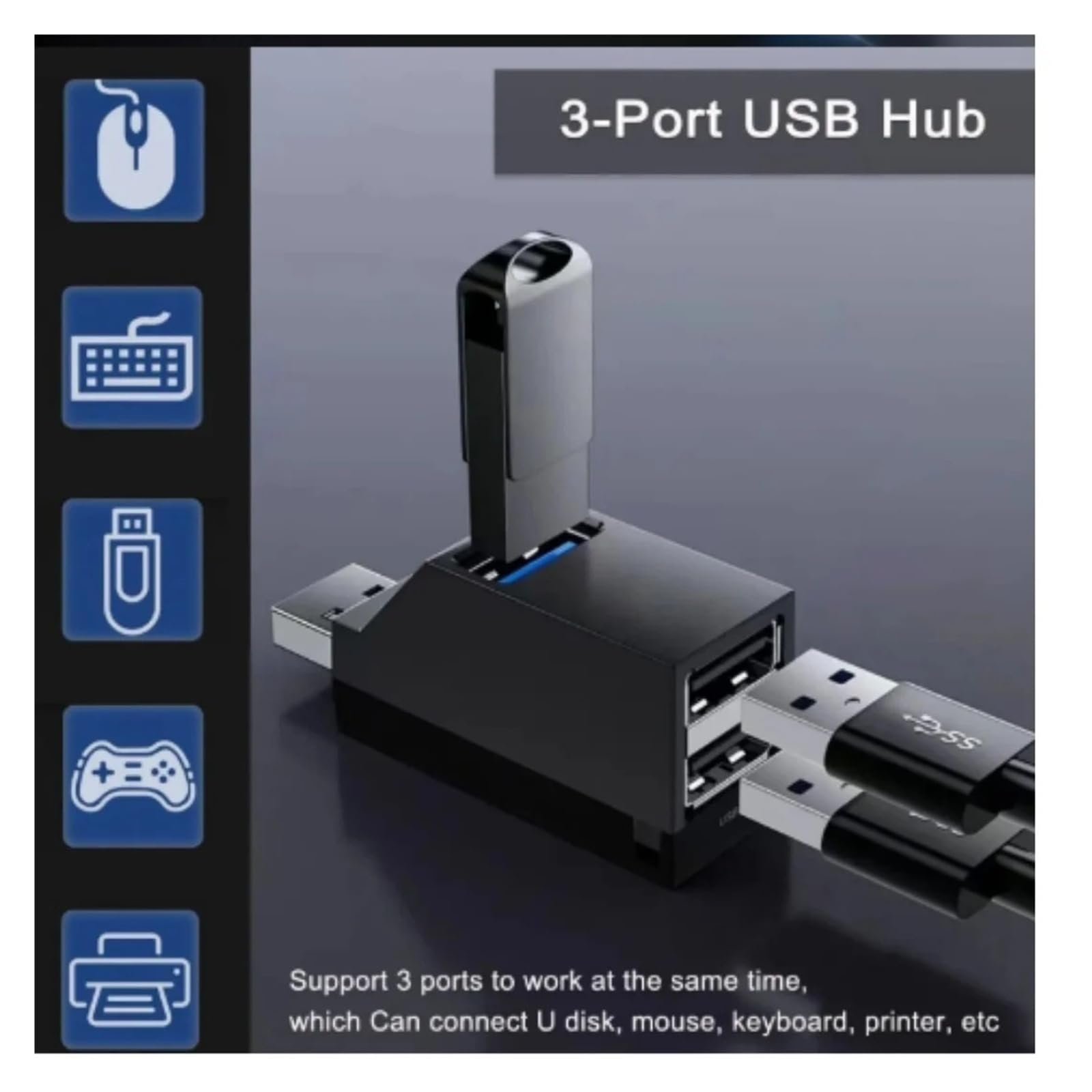 Hub USB 3.0 3-portowy rozdzielacz 5 Gb/s do laptopa PC Mac (czarny)