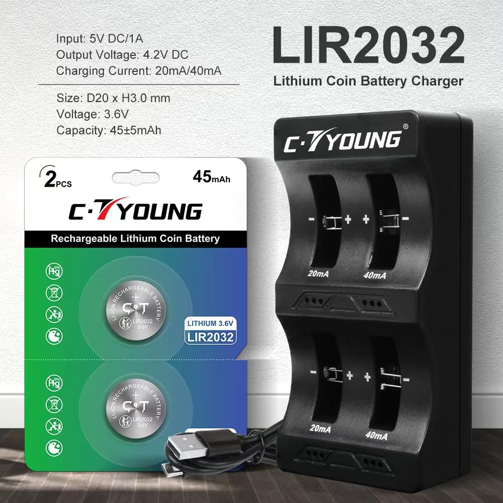 Lir2032 Lot de 6 piles rechargeables de rechange Cr2032 3,6 V Lithium Ion | Avec chargeur, pile à monnaie, boîte de rangement verrouillable pour plus de sécurité