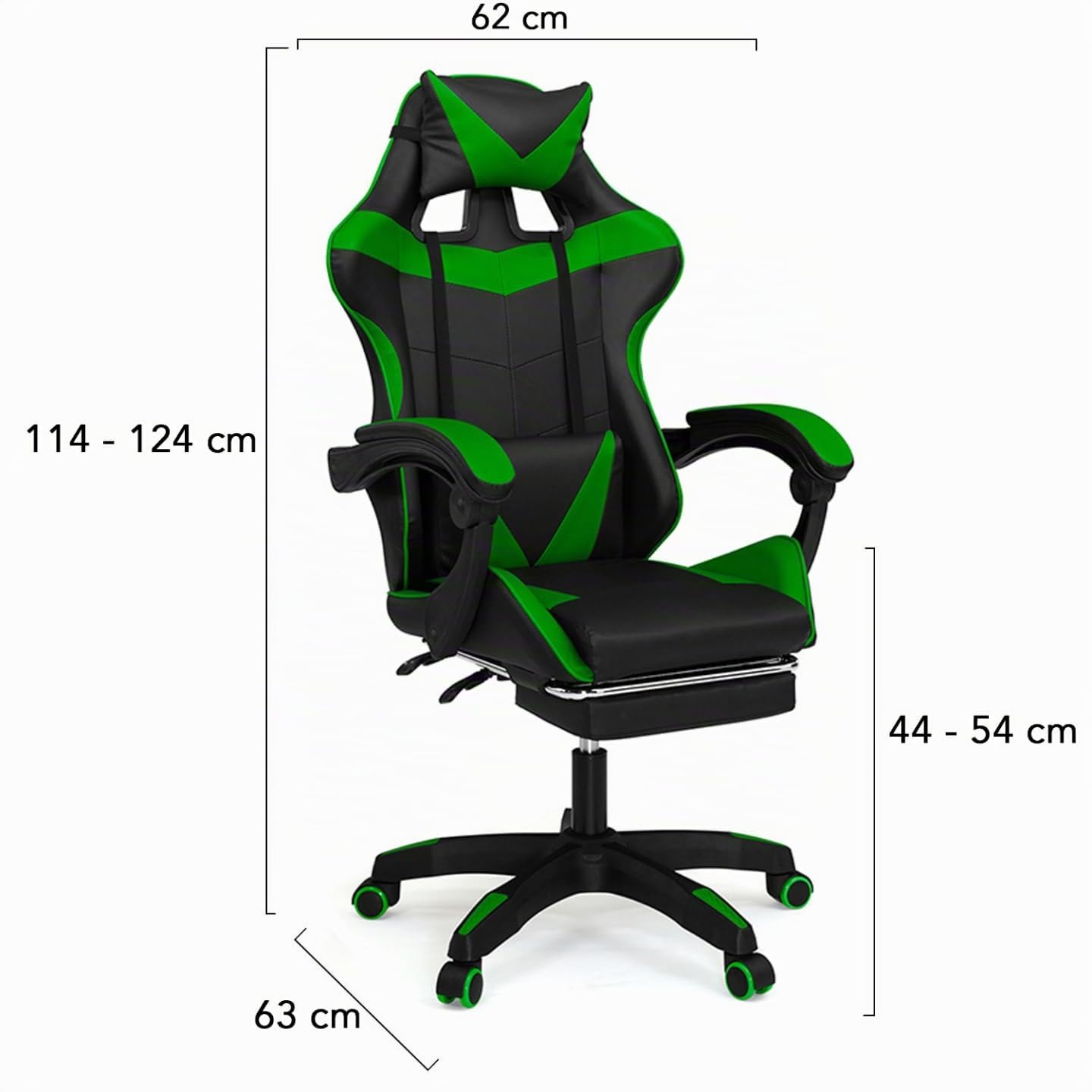 IDMarket Alex - Sillón de juego ajustable con reposapiés, cojín de cabeza y cojín Lumbar, color negro y verde