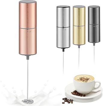 Battery Operated Coffee Frother by ELMWAY, Stainless Steel Electric Whisk, Mini Milk Frother Handled for Coffee, Latte, Matcha and Protein Powder Rose Gold without Stand
