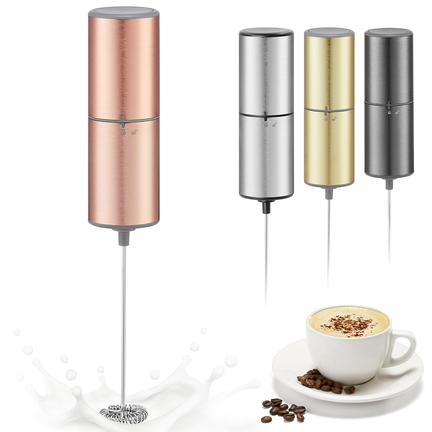 Battery Operated Milk Frother, Handheld Coffee Frother with Stainless Steel Whisk for Latte, Cappuccino, Matcha &amp; Protein Powder, Requires 2 AA Alkaline Batteries (Not Included), Rose Gold