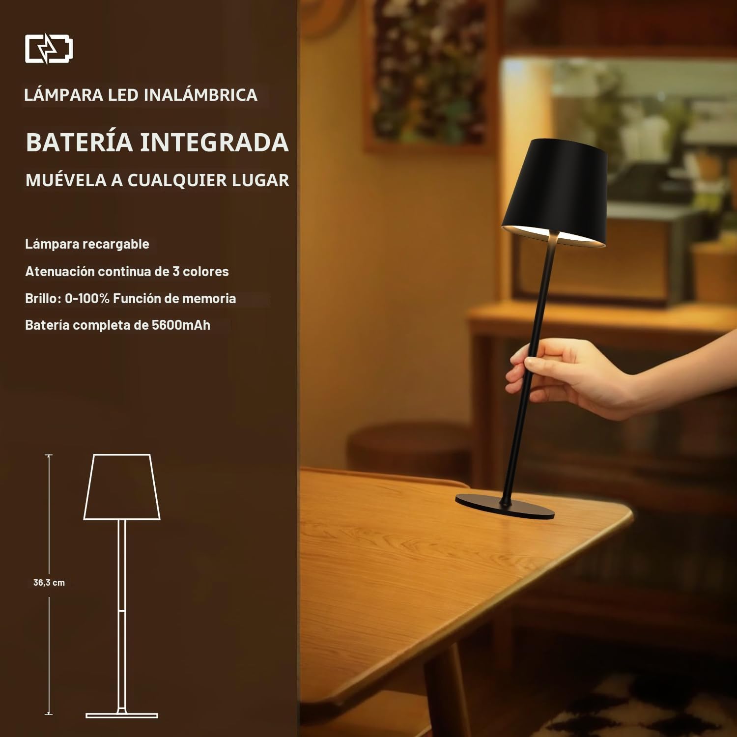 Lámpara de Mesa de Batería LED Regulable, Toque Lámpara de Escritorio Inalámbrica con USB-C, Lámpara de Mesa de Batería Recargable LED Metálico para Exteriores e Interiores, IP44, 5600mah, 5W, Negro