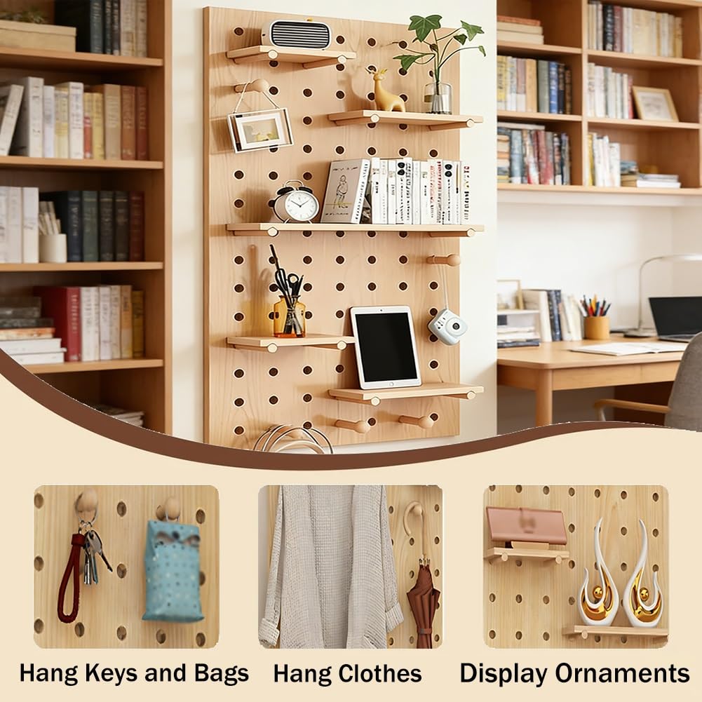 Estante de madera para tablero de clavijas, kit de panel de almacenamiento de pared con clavijas y separadores de madera, estante flotante y almacenamiento colgante para dormitorio, apartamento