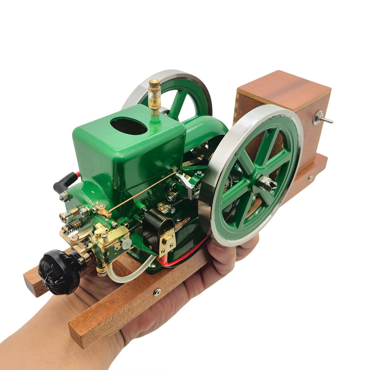 RETROL OKMO Morse Z jednocylindrowy, 4-suwowy silnik benzynowy z miniaturowym regulatorem dławienia, mini silnik z układem zapłonowym i drewnianym stojakiem ekspozycyjnym, industrialna dekoracja