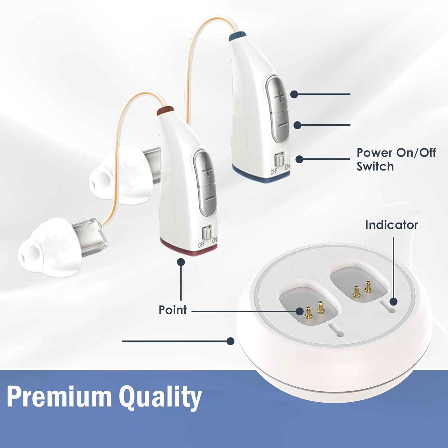 Ricaricabile per anziani - (coppia) Dispositivo personale binaurale dietro l'orecchio, batteria a lunga durata, design BTE confortevole per tutto il giorno, bianco