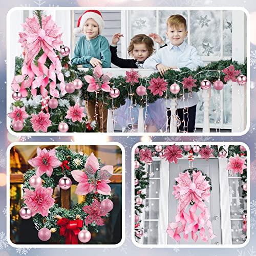 Youyole Christmas Tree Decorating Set Includes 37 Pcs Poinsettia Glitter Flowers With Clip, Christmas Ball, Christmas Tree Topper Bow For Christmas Home Decoration (Pink) #TOP5